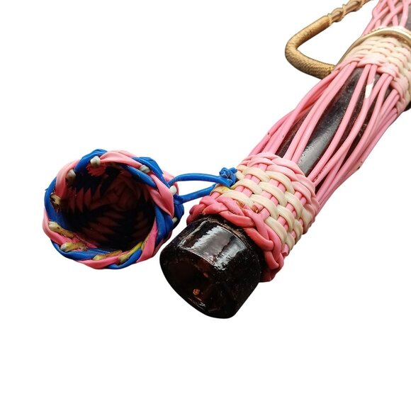 Vintage Woven Glass Bottle With Pink & Blue Straw Design And Handle - Picture 4 of 5